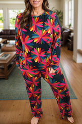 Plus Size Printed Round Neck Top and Drawstring Pants Set Floral OutfitFlow
